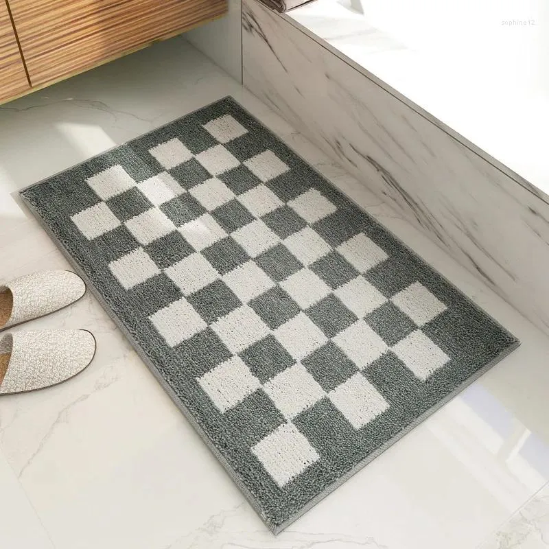 Carpets Checkerboard Home Bathroom Absorbent Carpet Floor Mat Door Flocking Foot Thickened Non-slip