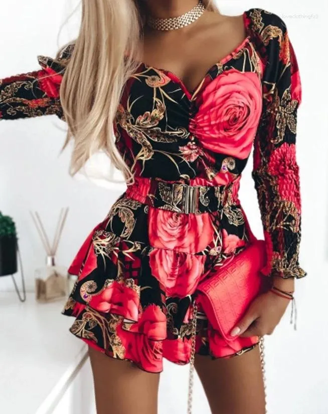 Casual Dresses Elegant Evening Party for Women Floral Print Shirred Layered Dress Sexig 2024 Autumn Winter Spring Fashion
