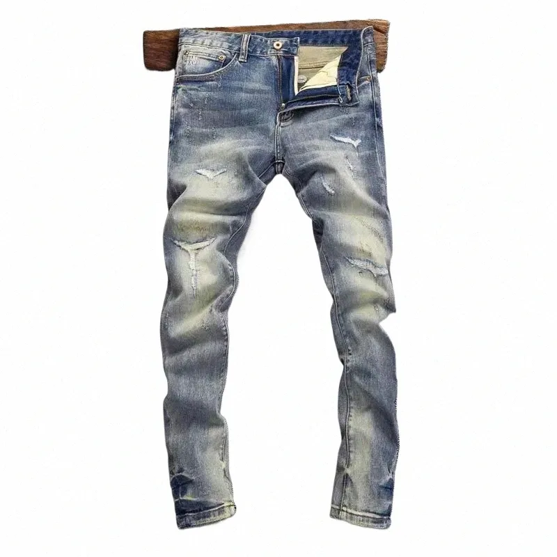 Retro Ripped Jeans for Men Slim Fit Stretch Denim Pants, Vintage Hip Hop  Style, Designer Patched Jeans, Streetwear Fashion