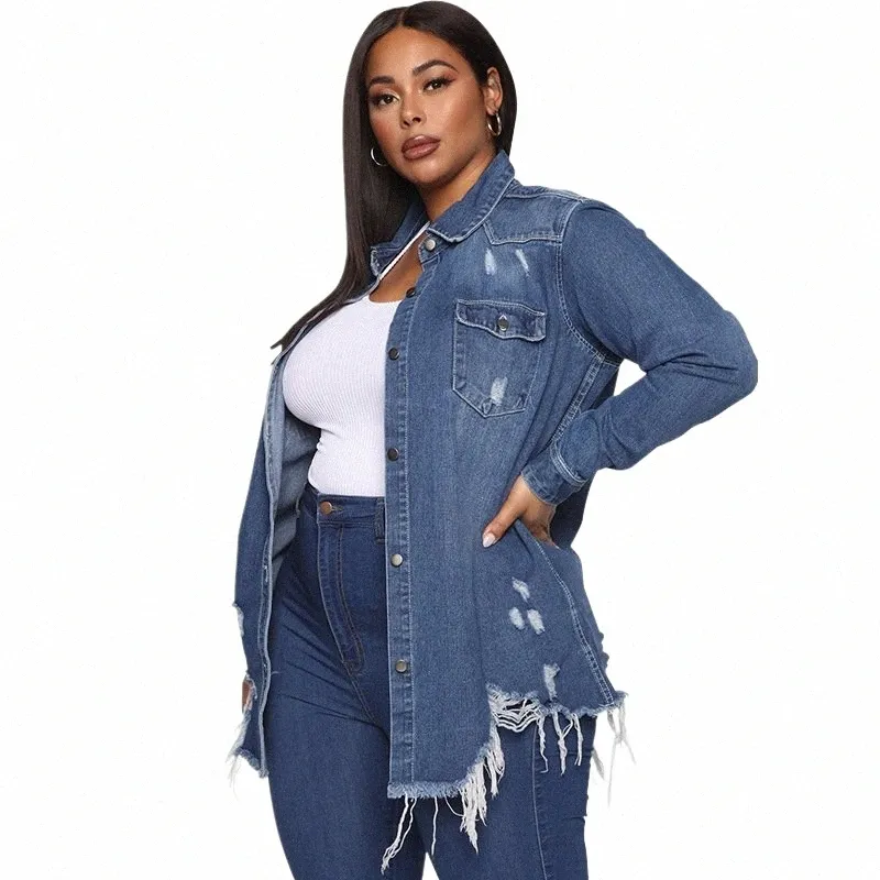 Plus Size Vintage Ripped Mid Lg manches Denim Vestes 4XL Femmes Streetwear Poches Bleu Jean Veste Harajuk Jeans Lâche Manteau W7rp #