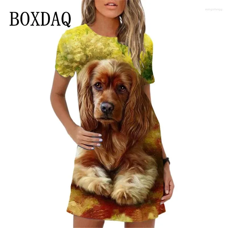 パーティードレスサマードレス半袖丸いネックプルオーバー3Dプリントルーズカジュアルプラスサイズの漫画犬パターン女性ベシドス