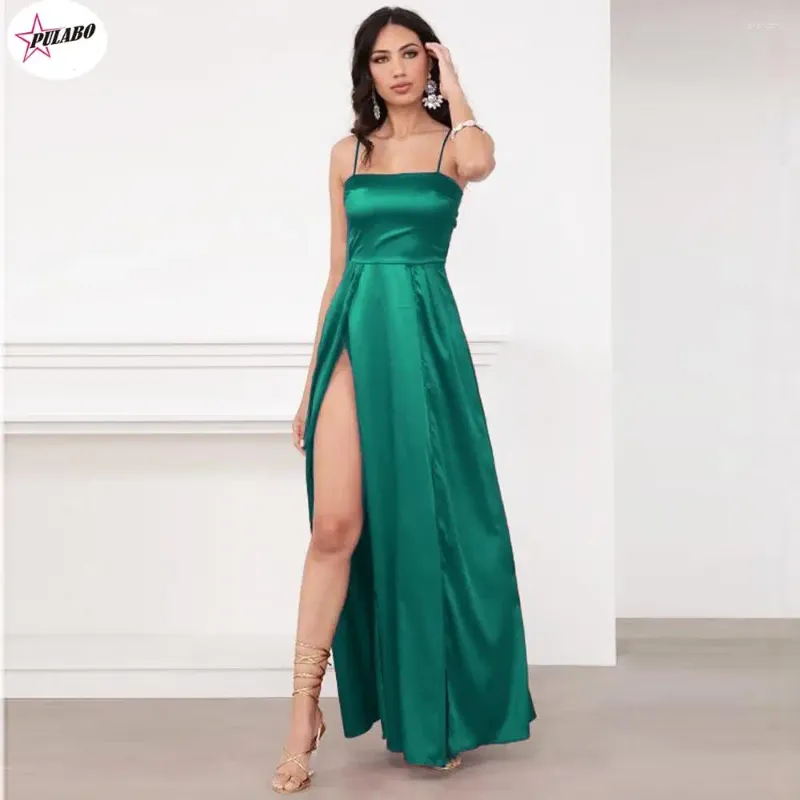 Robes décontractées PULABO Femmes Sexy Summer Longue Robe de satin Rembourré Bretelles à lacets 2 fentes Vert Bleu Rouge Robe de soirée Maxi