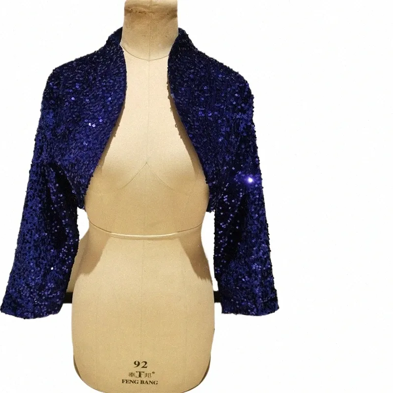 Veste de mariage bleu royal Bling Bling paillettes bal boléro manteau de fête 3/4 Lg manches vestes de mariée haut de fête sur mesure Y3CX #