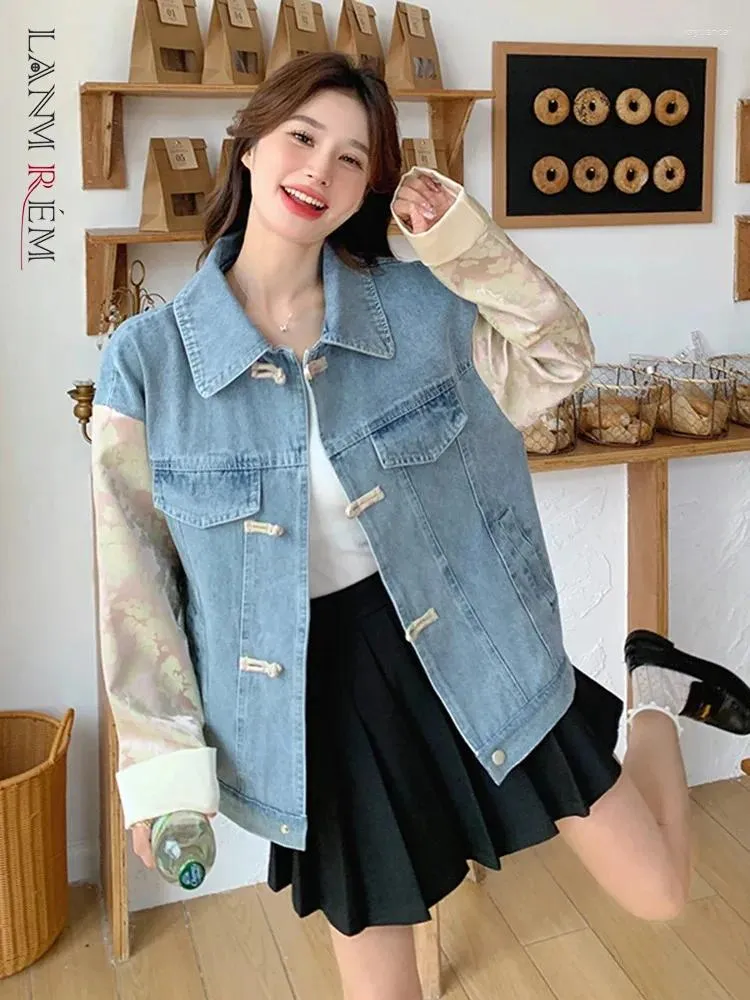 Damenjacken LANMREM Chinesischen Stil Denim Patchwork Jacquard Jacke Lange Ärmel Chic Mantel Weibliche Mode Kleidung 2024 Frühling 2DA3916