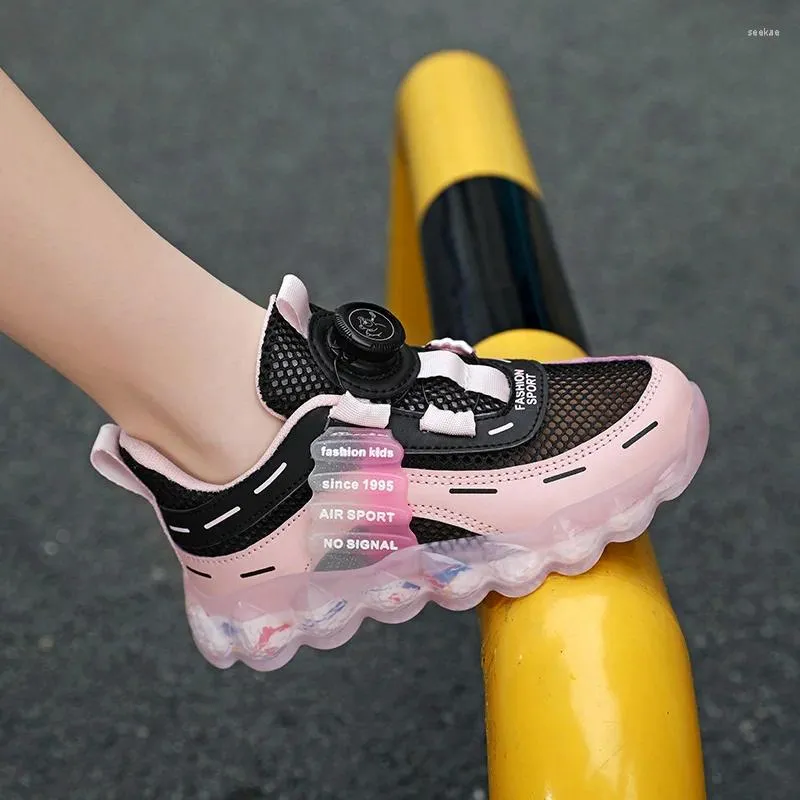 Casual Shoes Summer Single Net Girls Sneakers 2024 Rotating Button Children's Fashion Running Soft Sole Outdoor Tennis