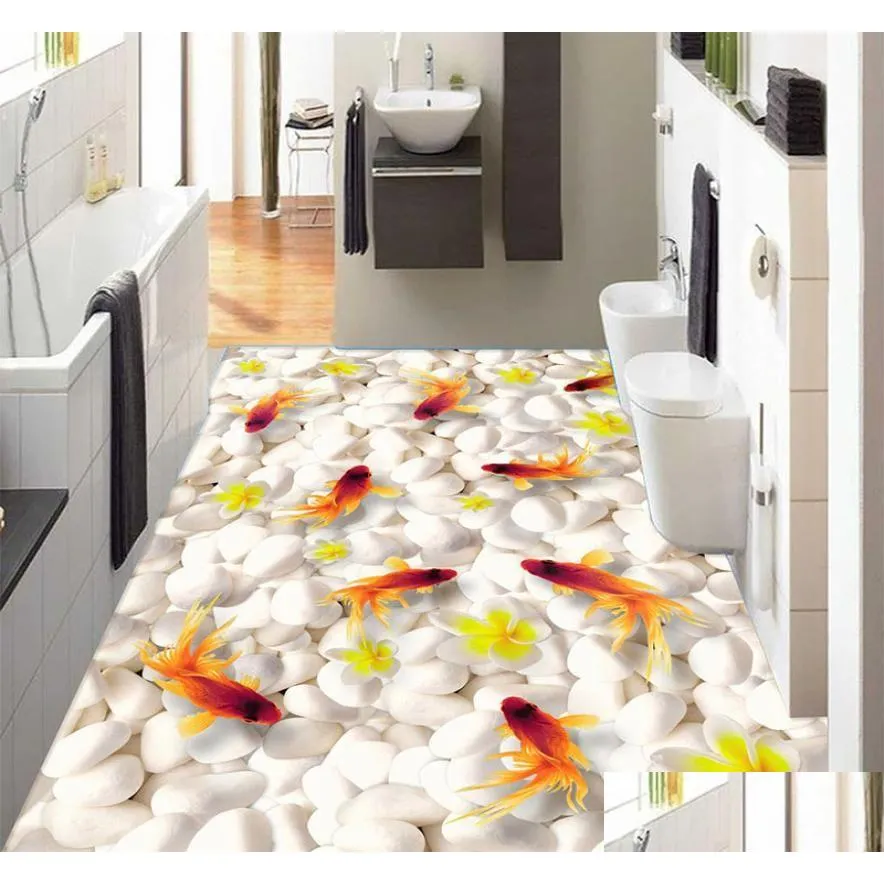 Fliesen Benutzerdefinierte 3D Boden Wandbild Tapete Schwimmen Goldfisch PVC Selbstklebende Wasserdichte Wohnzimmer Badezimmer Bodenbelag Papel De Parede600 Dhub4