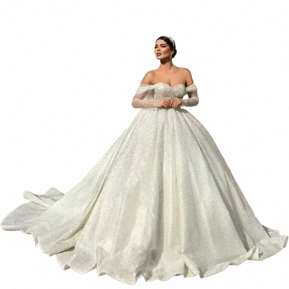 Sparkly Lg maniche Wedding Dres 2024 per le donne al largo della spalla paillettes abiti da sposa Dubai arabo Princ Vestido De Novia Q4lQ #