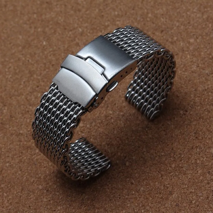 Shark Mesh Watchband Armband Special End Safety Buckle 18mm 20mm 22mm 24mm Watch Stems Can Cant Ideamed Längd för män timmar253j