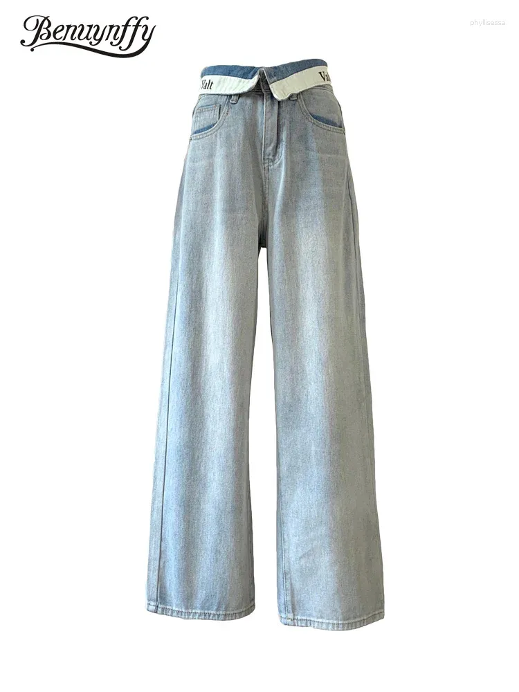 Jeans pour femmes Benuynffy Streetwear Vintage Large Jambe Y2K Mode Poignets Lâches Taille Haute Coréen Casual Droite Femmes Baggy Pantalon