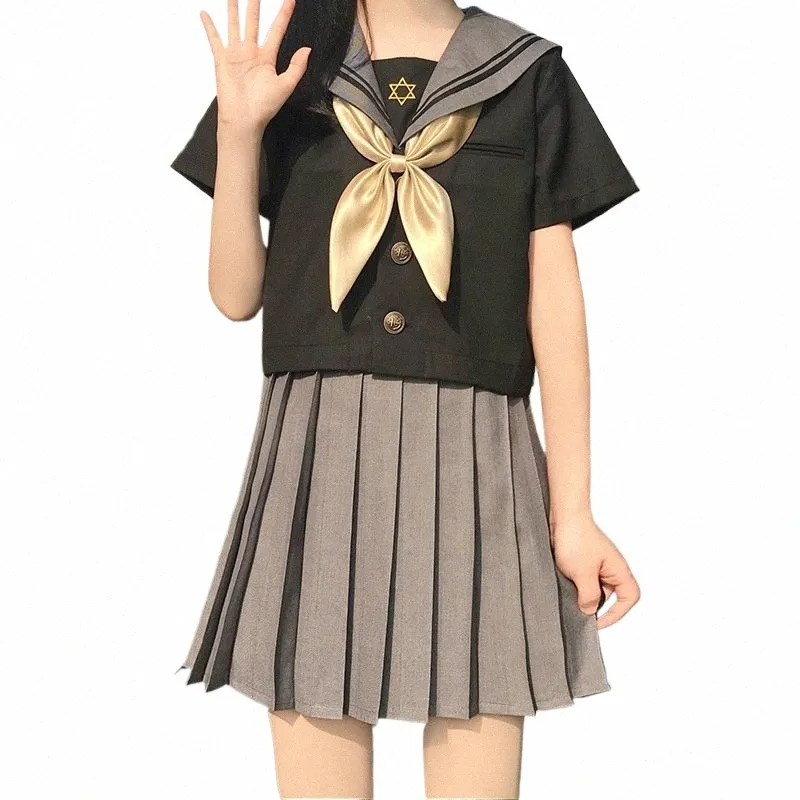 Japonês Fi JK uniforme escolar menina saia cinza marinheiro terno saia plissada conjunto completo de estilo universitário terno menina macia 44tN #