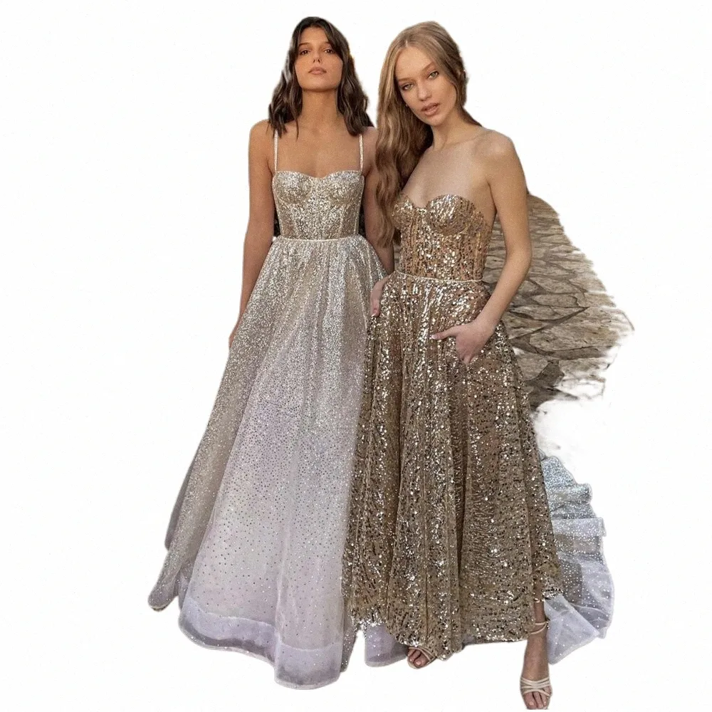 Verngo 2021 Новый дизайн Sparkly Gold Prom Prom Dres Sweetheart Spaghetti Braps of Line Line Tea Длина вечернего вечеринки с Pocket M7T1##