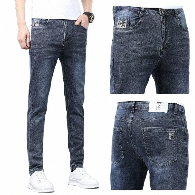 Primavera Otoño Hombres Clásico Ropa Vintage Pantalones Mié Azul Apretado Arrancado Vaquero Ropa de calle Vaqueros pitillo Denim Punk Pantalones 87TH #