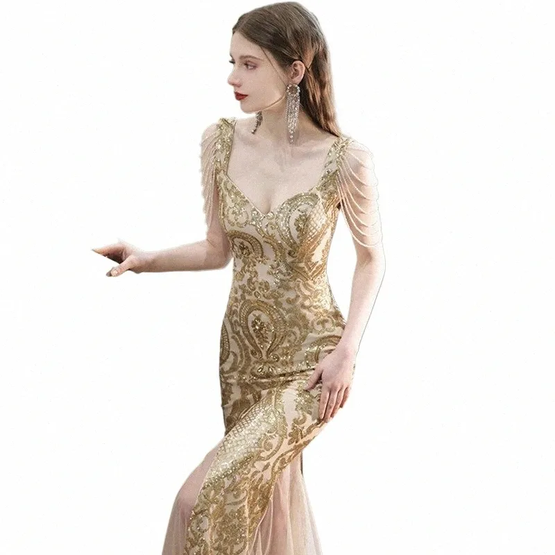 Golden Slim Evening Dres Bankettklänning Sexig Tassel axel krage kvinnlig fest vestido de festa ny lanserad dr m3rm#
