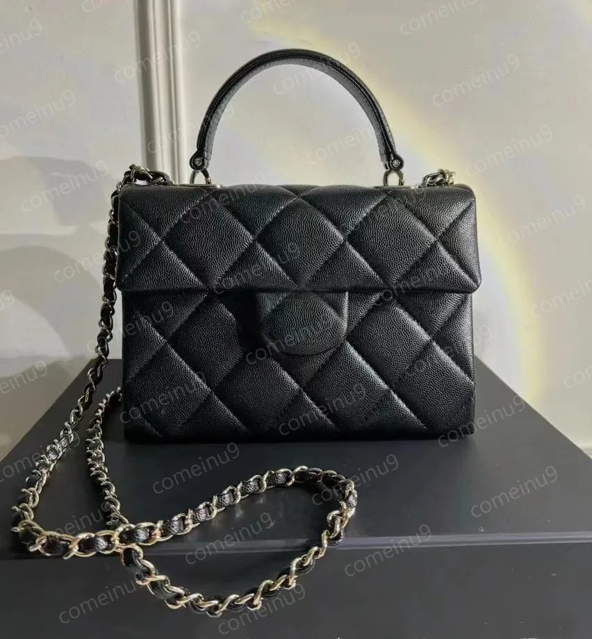 2024 Vintage Mirror Quality Caviar Handle Tote Handbags 21cm Women's Designer Quilted Crossbody Chain Bags Genuine Leather Shoulder Purse Box 12A Grade