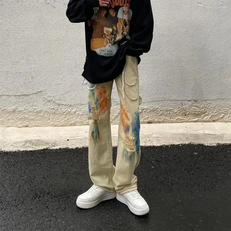 Erkekler Kot pantolon Hip Hop Erkekler için Vintage Kırık Erkek Kovboy Pantolon Graffiti Yırtık Delikli Yırtık Punk Pamuk Kpop Retro Yıkanmış Xs