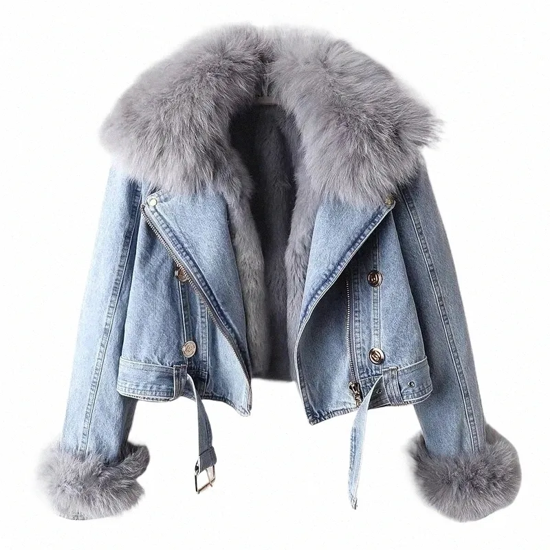 2023新しい女性Faux Fox Fux Fur Collar Jean Coat Winterジャケット