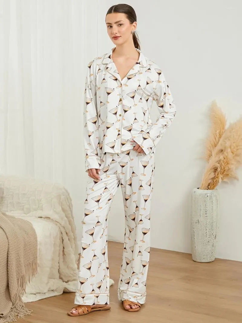 Startseite Kleidung Y2K Damen-Pyjama-Outfit, Weinglas-Druck, langärmelig, Button-Down-Kragen, Hemdhose, 2-teilige Loungewear