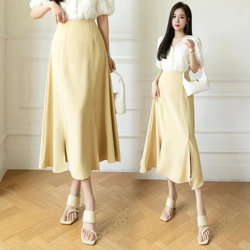 Jupes coréenne bureau dame élégante taille haute fente jupe Midi femmes 2024 printemps été décontracté longue femme mode a-ligne