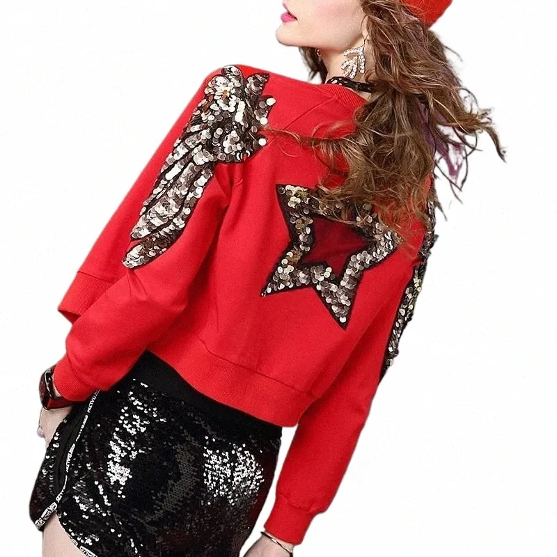 Women's Jacket Red Short Coat paljett Beaded Jacket Spring and Autumn Thin Top Baseball Uniform Overcoat Fi Leisure Korean U25y#