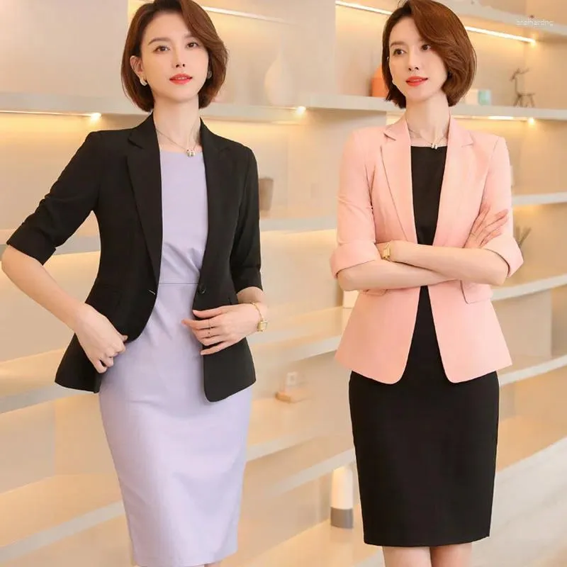 Vestidos de trabalho meia manga formal uniforme projetos blazers conjunto para mulheres ternos de negócios com vestido e jaquetas casaco ol estilos roupas