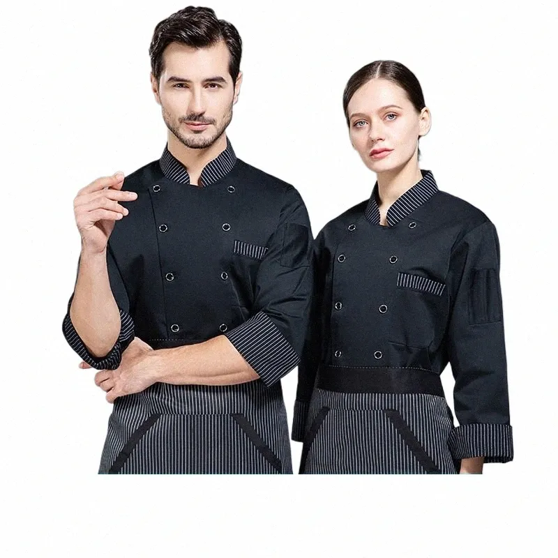 Jaqueta preta masculina do Chef e uniformes de trabalho para mulheres Bakery Cook Uniform Hotel Waiter Apr ajustável Cafe Chef Cooking Cap I40N #