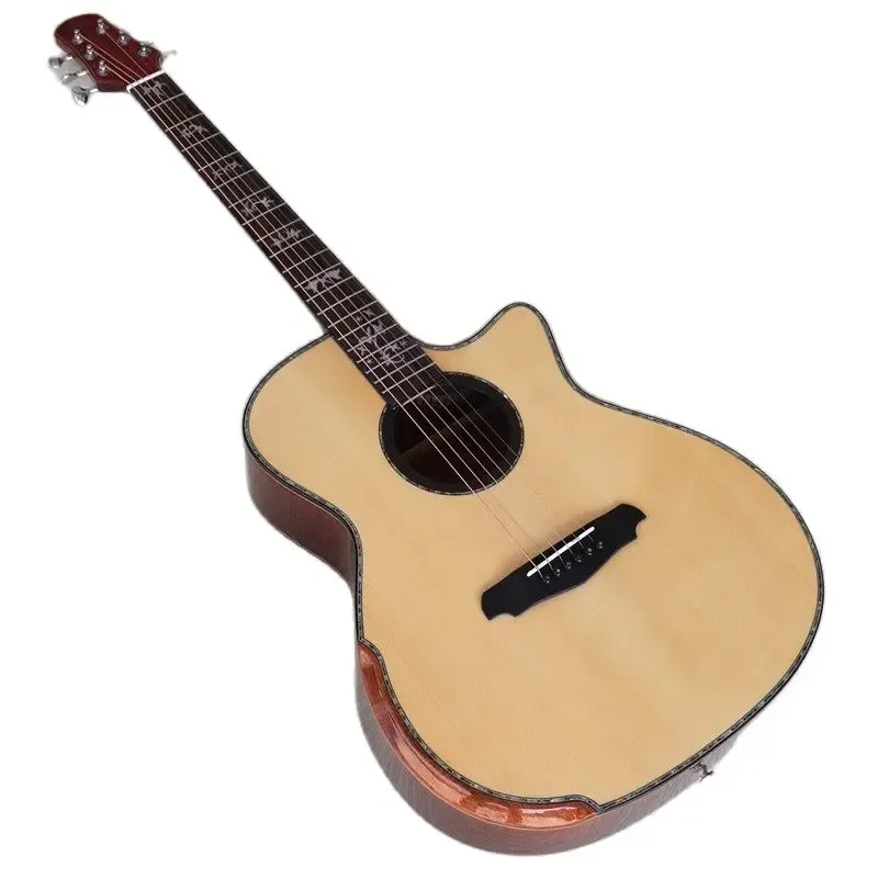 ギターハンドメイド6ストリングアコースティックギターハイグロス41インチソリッドスプルーストップフラワーフレットボードアバロンシェルエッジ付きアームレスト