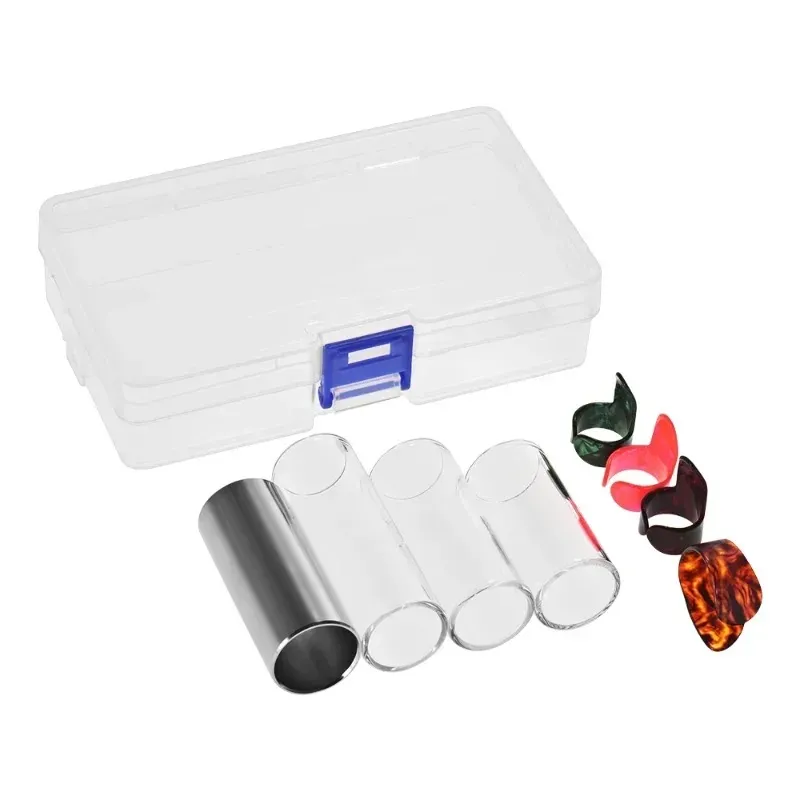 Guitar Slides Set with 3 Glass Slides +1 Stainless Steel Slide + 4pcs Celluloid Thumb Finger Picks Random Color with Plastic Box