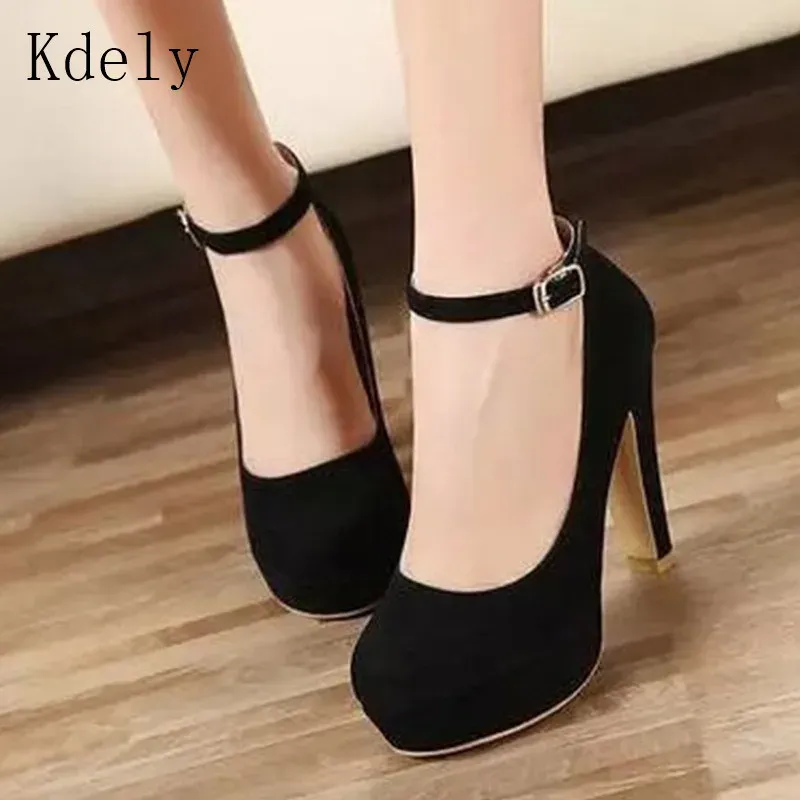 Heels Women High Heels Chunky Shoes Woman Strap Platform Pumps Round Toe Shallow Chaussure Mujer Work Shoes Black Red