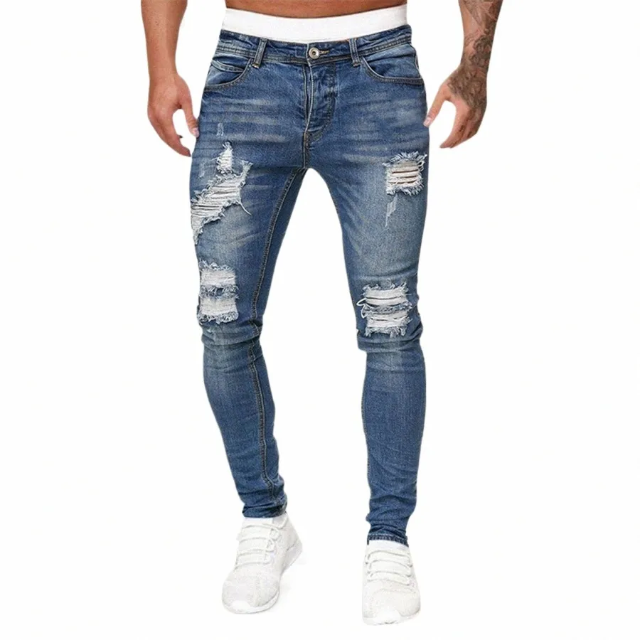 Herr Slim Fit Jeans Fi Classic High midjehål Rippade blyertsbyxa män Skinny Streetwear Blue Jeans denim LG Pant Q6e1#