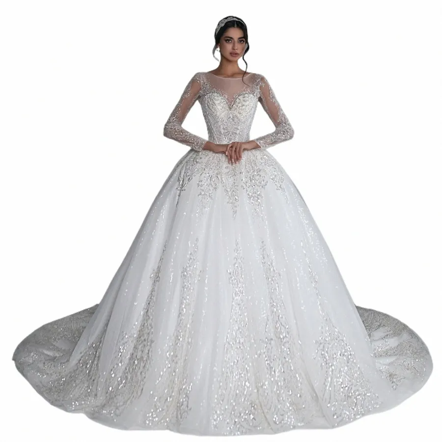 ethel ROLYN Lg manica Ball Gown Wedding Dr 2024 SCOOP Scollo invisibile scintillante paillettes abito da sposa Abiti da sposa 04eV #