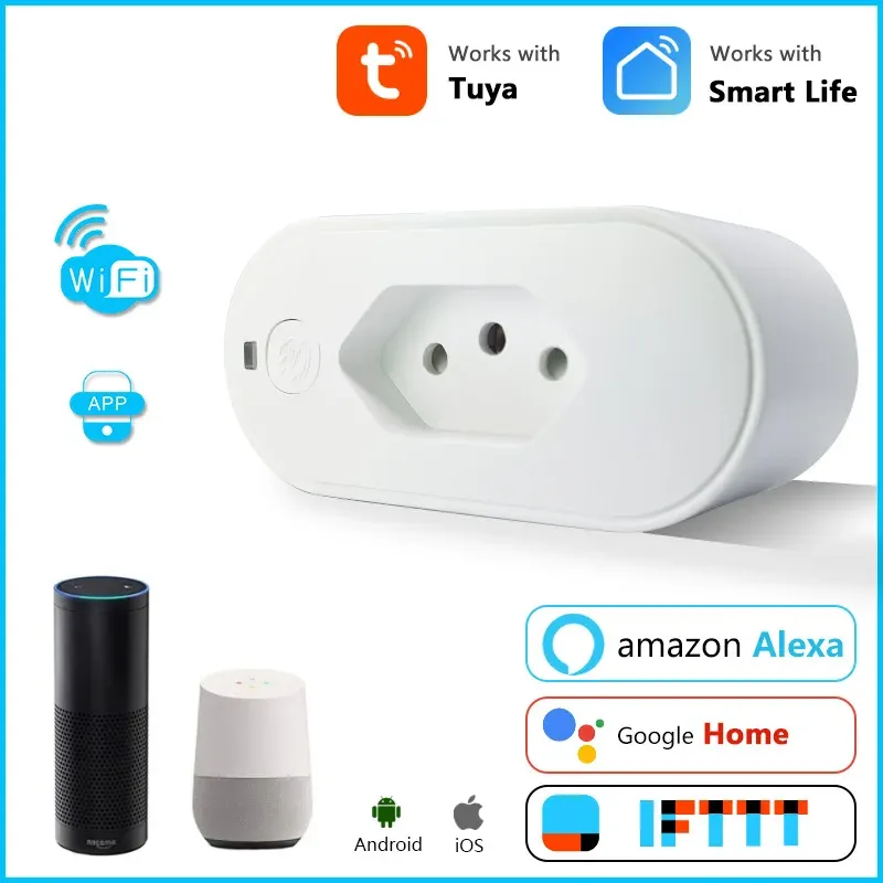 Controle Tuya 16/20A Brasil Standard WiFi Smart Plug Smart Life App Controle remoto Voz de soquete inteligente compatível para o Google Home Alexa