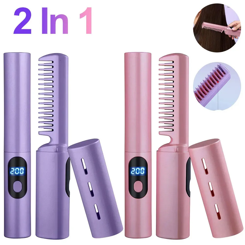 Mini Straightening Brush Comb Women USB Rechargeable Hair Straightener 2 In 1 Hair Comb Straight Hair Styling Appliances 240326