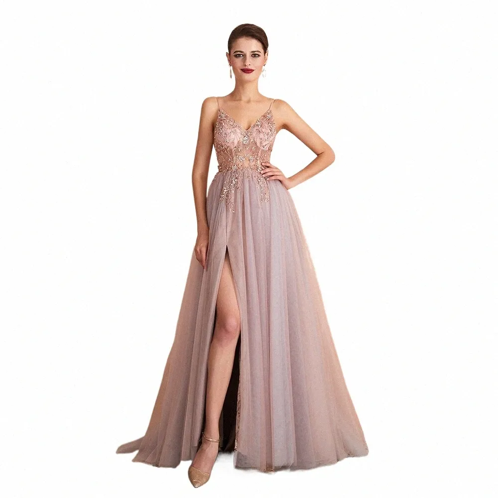 sexy ballo dres con fenditura 2024 splendide perle di cristallo rosa backl v collo di spaghetti cinghie da sera formale 52ac#