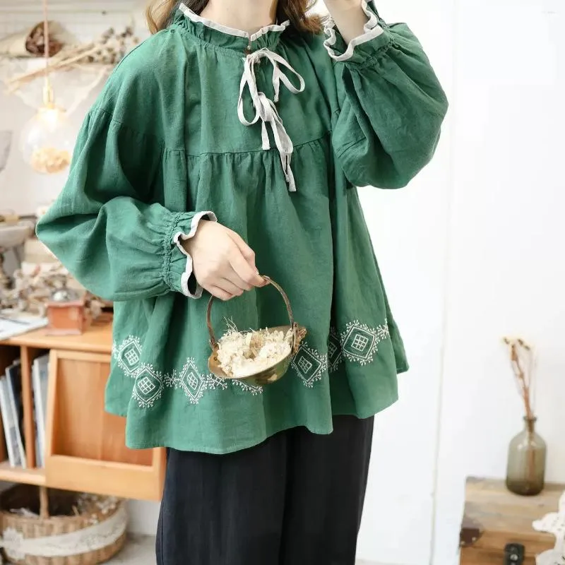 Women's Blouses 158cm Bust / Spring Autumn Women Vintage Mori Kei Girls Embroidered Loose Comfortable Linen Shirts/Blouses