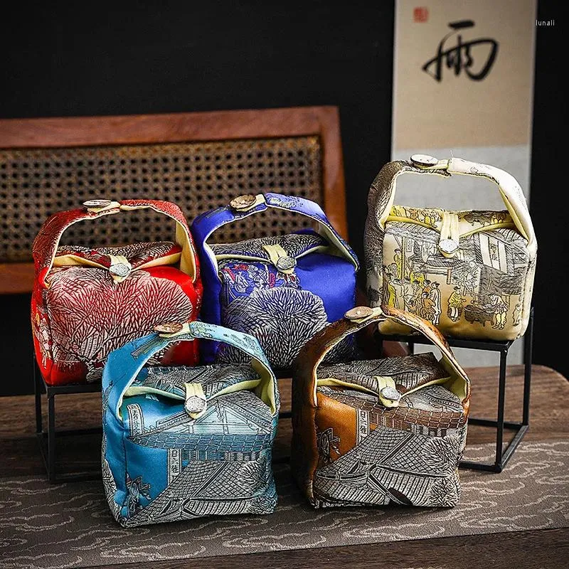 Storage Bags Retro Fabric Bag Outdoor Travel Portable Teaware Organizer Zen Thickened Ceramic Teacup Teapot Protective Sleeve