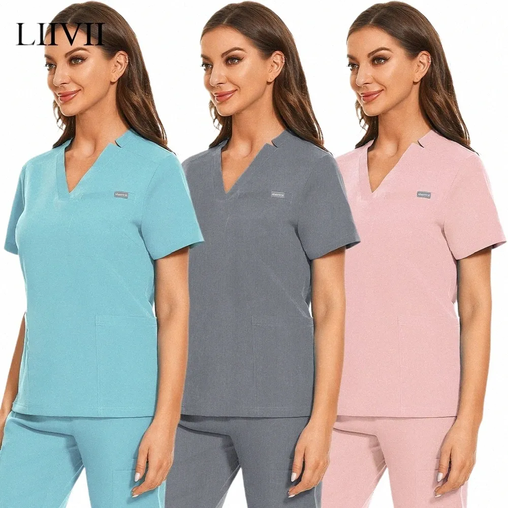 Uniforme médical d'infirmière unisexe, couleur unie, hauts de gommage pour femmes, uniforme d'infirmière décontracté, chemise clinique à col en V, vêtements de travail pour médecin 51b2 #