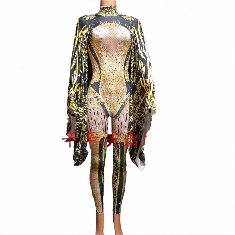 Dames Nieuwe Fi 3D -printing Jumpsuit Outfit Vier Rhineste kostuum vrouwelijke zanger Big Sheeves Bodysuit Performance Wear B3WC#
