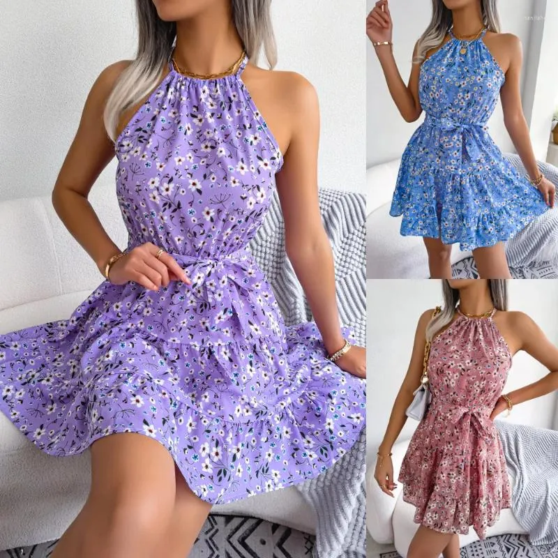 Robes décontractées Femmes Halter Cou Sans Manches Imprimé Floral Élégant Sexy Fête Une Ligne Printemps Été Robe Courte