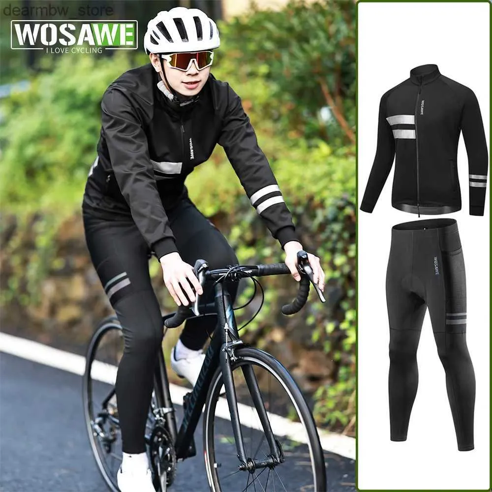 Cykeljackor Wosawe Winter Mens Cycling Outfit Fleece Keep Warm MTB Jacket Reflekterande Cycling Sportwear Jerseys Pant Suit Thermal Sport Gear24329