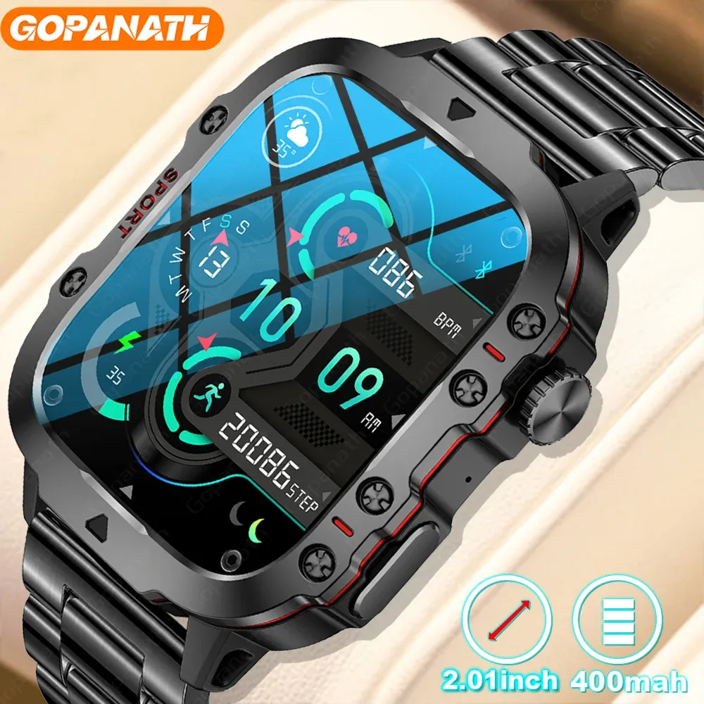 Wrugged Military Smart Watch Men for Android iOS ftiness Watches IP68 مقاومة للماء 2.01 '' AI صوت Bluetooth Call Smartwatch 2023