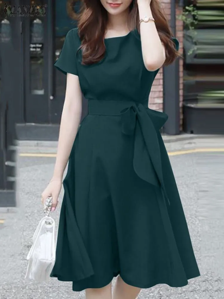 Womens Solid A-Line Dress - Elegant O-Neck, Knee Length