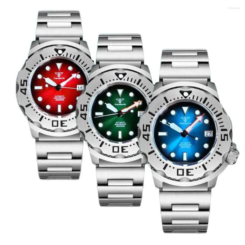 Orologi da polso 20bar Tandorio Monster Knight Diver Acciaio Meccanico Orologio da uomo Sunburst Blu/Verde/Rosso S NH36 Movt Bracciale Zaffiro