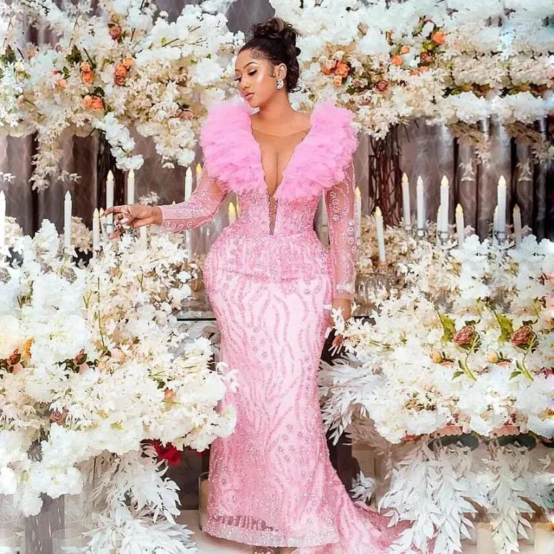 Festklänningar plus storlek afrikansk rosa prom sjöjungfru rufsed tyll glittrande spets aftonklänning aso ebi stil formella klänningar