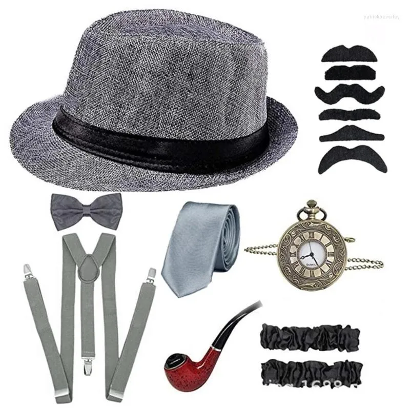 Berretti Halloween Cosplay anni '20 da uomo Set Sboy Cappello a cilindro Tubo Orologio da taschino Bretella Cravatta H9ED