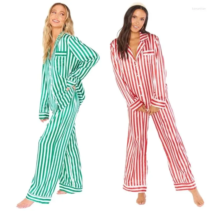 Hemkläder Kvinnor Imitation Silk Pyjamas randig långärmad knapp ner sömnkläder