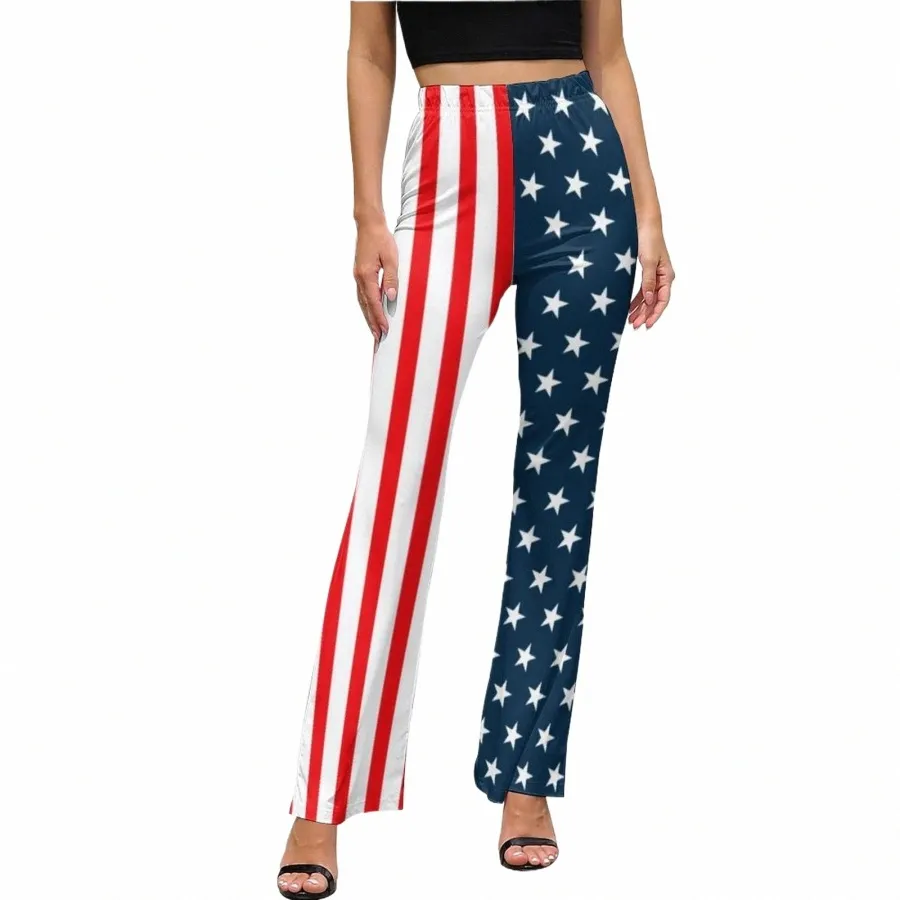 Amerikaanse vlag print broek sterren en strepen elastische taille sexy flare broek zomer print straat fi broek cadeau idee 954H #