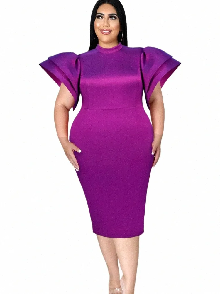 purple Shiny Dres Plus Size Half High Neck Short Ruffles Sleeve High Waist Midi Evening Event Party Gowns for Ladies Autumn 03um#