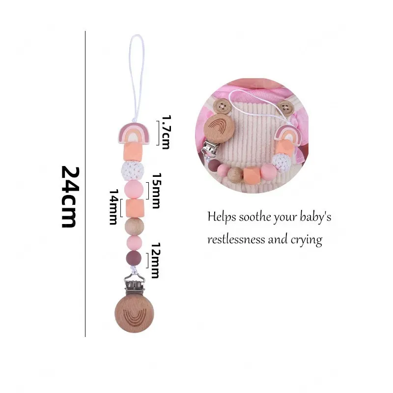 Baby Pacifier Chain Holders Infant Cartoon Beech Rainbow Pacifiers Clips Newborn Feeding Natural Wooden Silicone Beads Teething Teeth Practice Toys