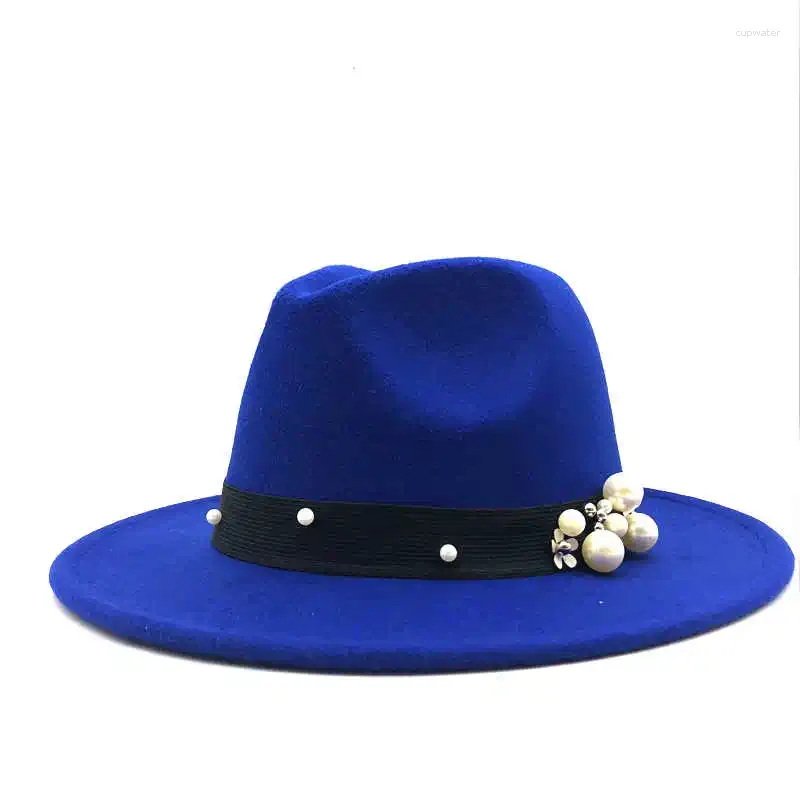 Bérets chapeau laine Fedora Hawkins feutre casquette à large bord dames Trilby Chapeu Feminino femmes perles Jazz parrain Sombrero casquettes