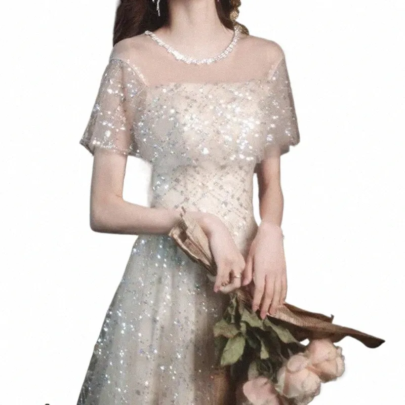 Sparkling Champagne Prom Wedding Party Dr z ramion A-line elegancka szczupła wieczorna druhna Dres vestido de festa w0ta#